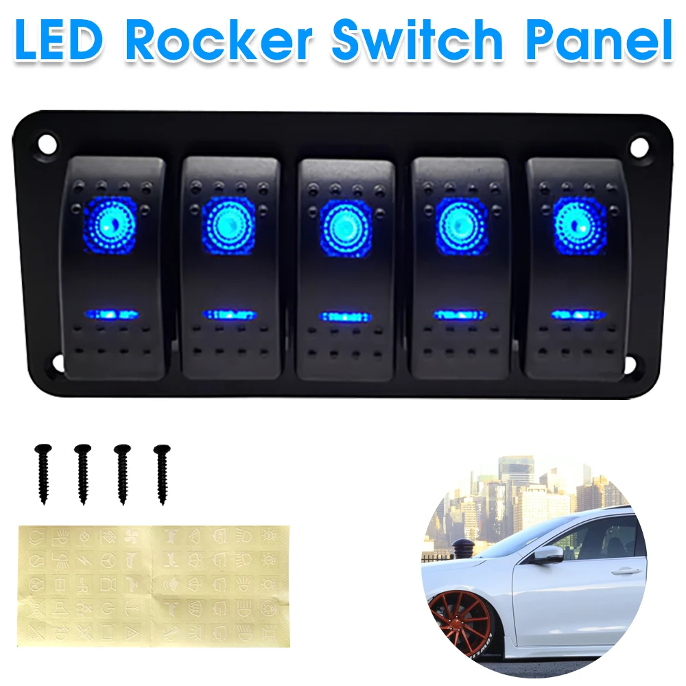 5 Gang Switch Panel Blue LED Marine Boat Rocker Switch Panel for Truck Boat Car Switch Panel Lighter Socket Circuit Breaker New