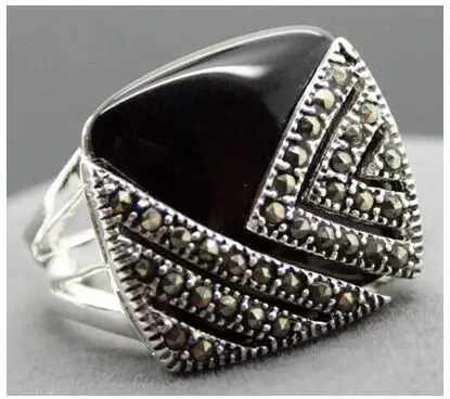 

Free Shipping unsex 14*15mm Square Natural Black Natural jade Marcasite 925 Sterling Silver Ring Size 7/8/9/10