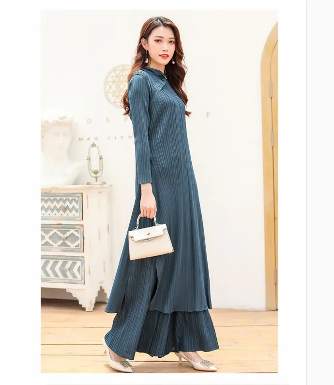 

Miyake Fashion fold stand collar long sleeve dress Chinese style cheongsam group dress + Wide-leg cropped trousers suit IN STOCK