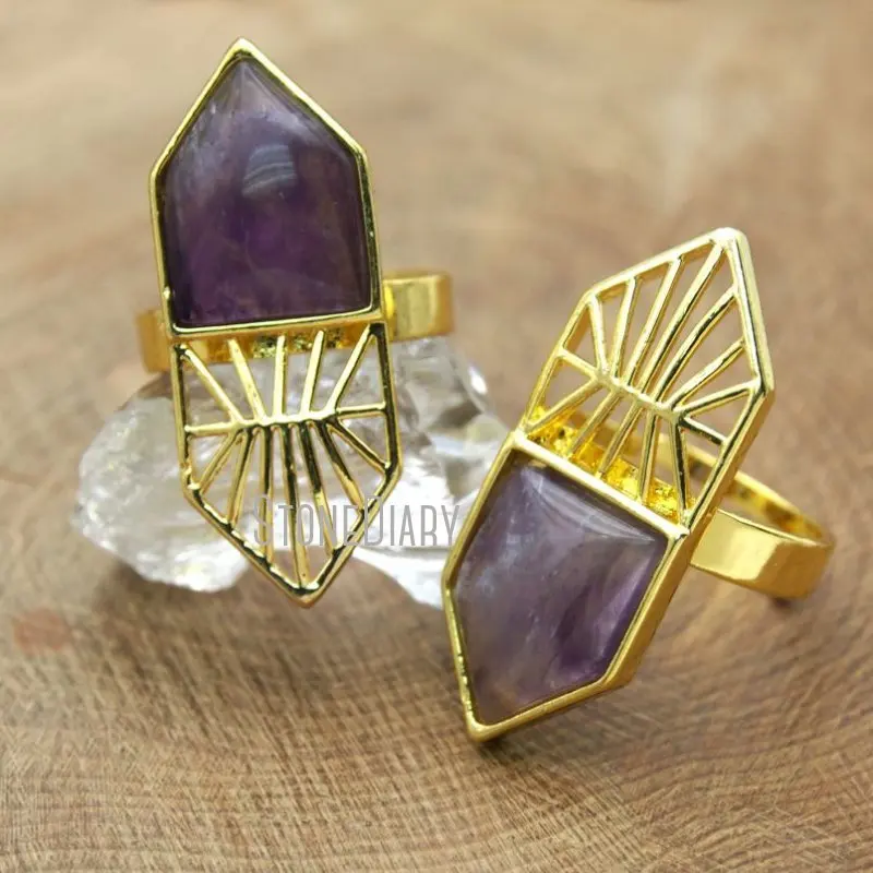 RM10112 10Pcs Fashion Copper Ring Cut Out Pentagon Dog Tooth Amethysts Gold Color Hexagon Ring Adjustable