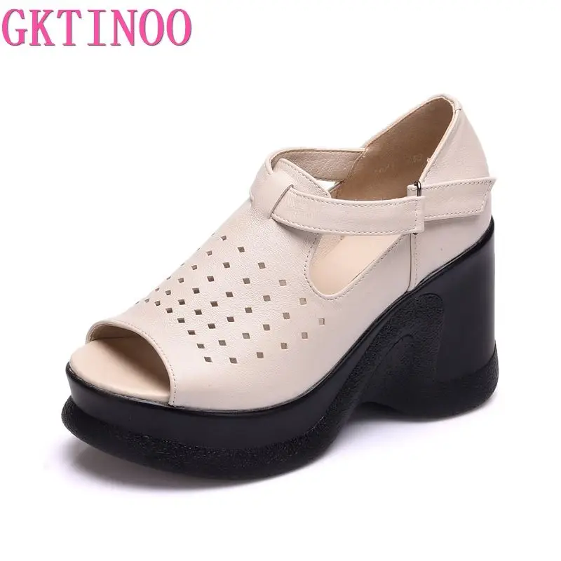 GKTINOO 2024 Ethnic Style Genuine Leather Women Shoes Sandals Wedges Sandals Handmade Genuine Leather Platform Women Sandal