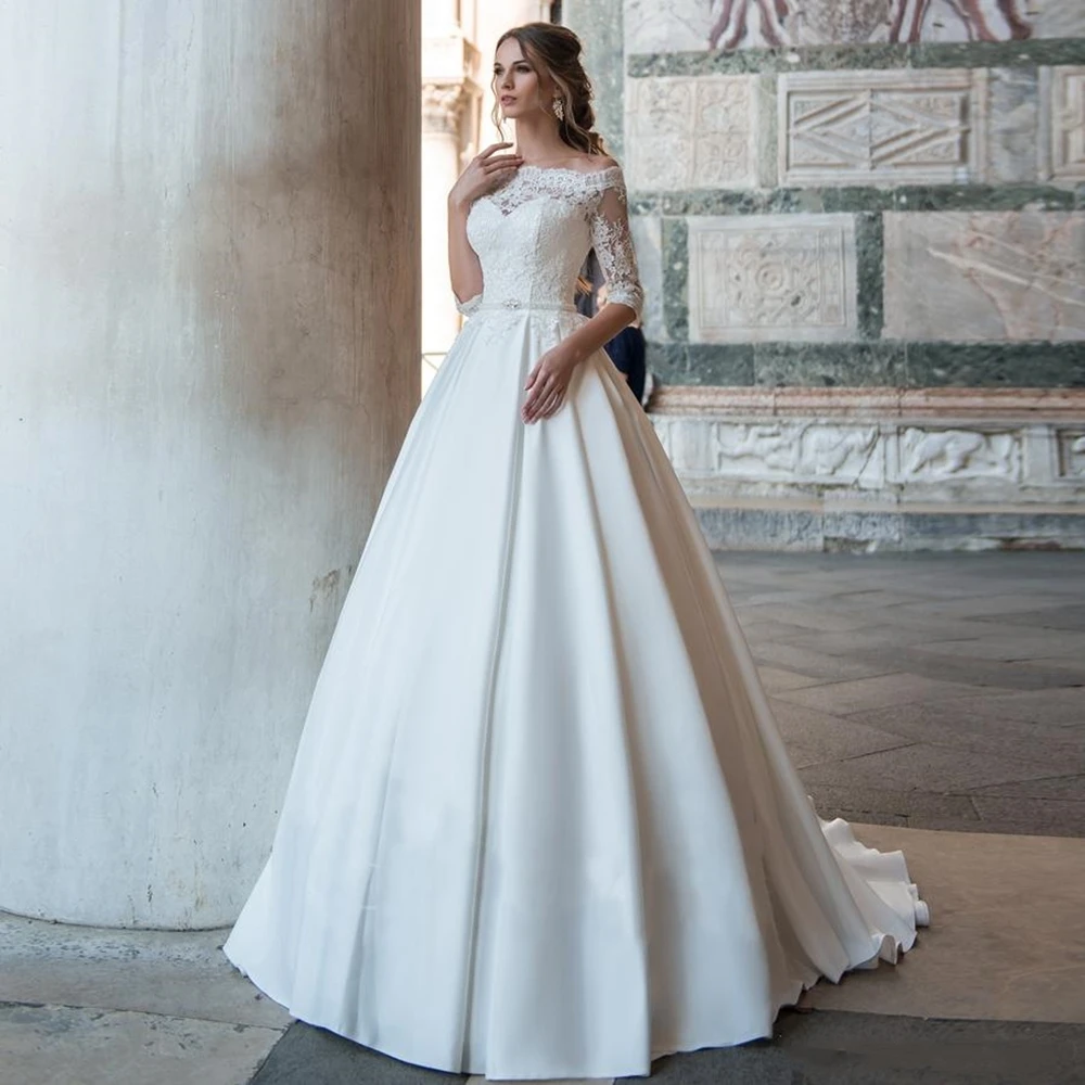 Vestidos de Noiva A-line Spitze Hochzeit Kleid Lange Ärmel Weg Von der Schulter Tulle Puffy Braut Kleider Casamento Mariage