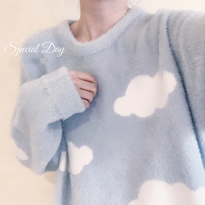 Kawaii Cloud Sky Blue Knitted Sweater Women Cute Soft Knitwear Girls Vintage Jumper Korean Fashion Ulzzang Long Sleeve Pullovers