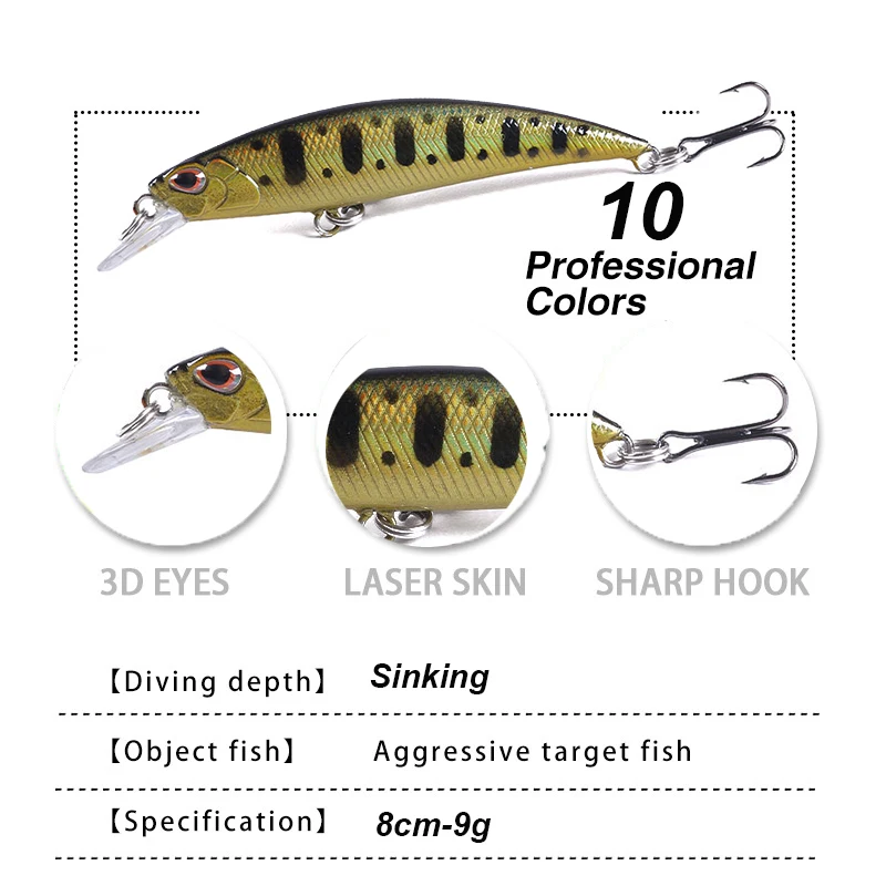 WESTBASS 1PCS Japan Design Minnow Bait 80mm-9g Sinking Isca Laser Fishing Lure Artificial Hard Wobblers Swimbait Trolling Pesca