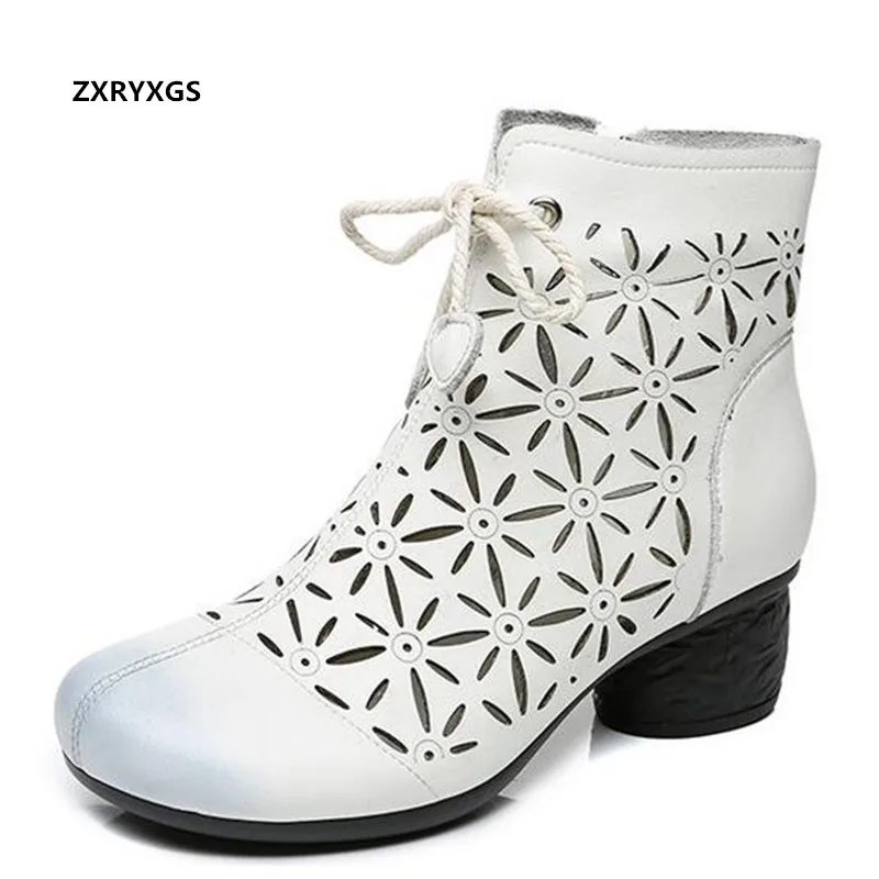 2024 New Spring Summer  Hollow Genuine Leather Ankle Boots Cool Shoes Women's Boots Side Zipper Thick Heel Fashion Casual Boots