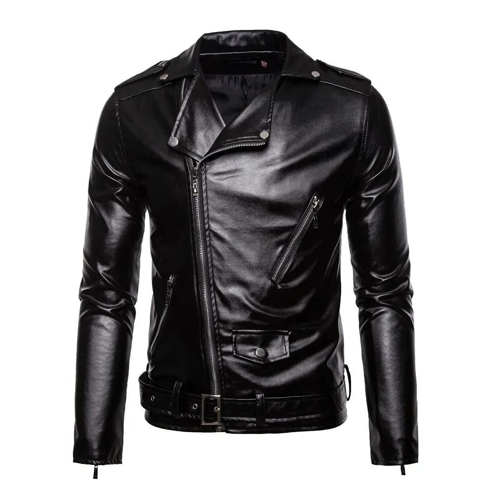 Red Chain Decoration Motorcycle Bomber Leather Jacket Men Autumn Turn-Down Collar Slim Fit Male Leather Coats S-5XL