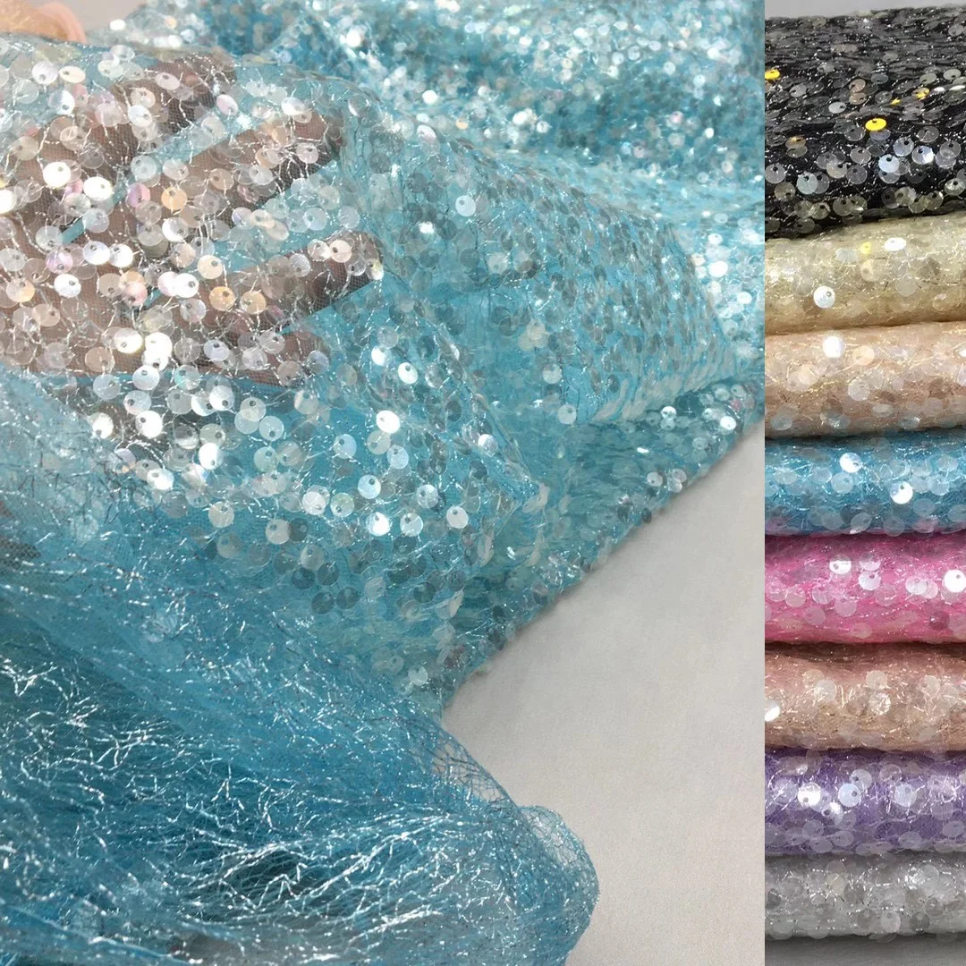 

(5yards/pc) New arrival shining sequins net lace light and graceful African French tulle lace fabric for party dress FSS320