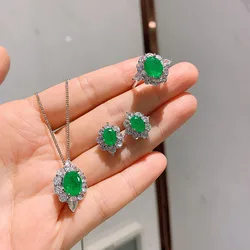 Luxury Emerald Turquoise Gemstone Stud Earrings/Ring/Necklace Wedding Engagement Fine Jewelry Sets Anniversary Gifts For Women