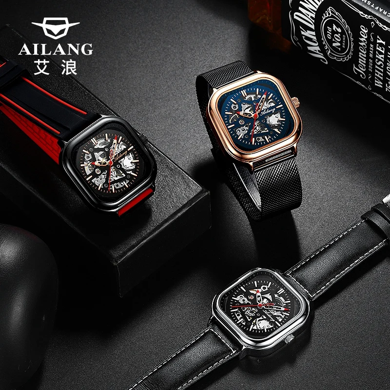 AILANG 2020 New Watch Men Automatic Hollow Waterproof Trend Friday Men\'s Watch Seven Square Mechanical Watch Genuine