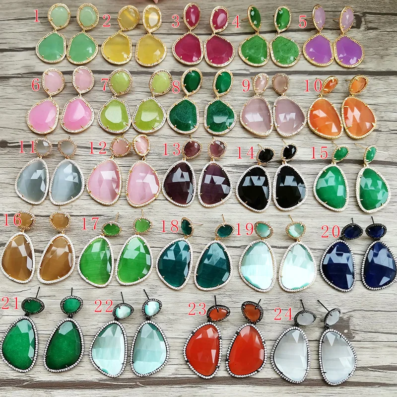 1 Pair Cat Eyes' Gem stone Jewelry Drop Opal Stone Earrings, Micro Pave CZ Faceted Stone Dangle Earrings For Women Jewelry ER205