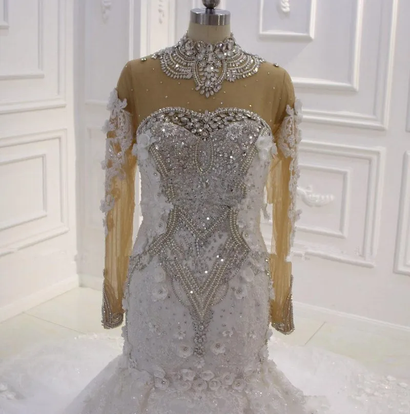 2024 abito da sposa con perline di cristallo con collo alto di lusso arabo Dubai fiori maniche Illusion abito da sposa Vestido Noiva Mariee