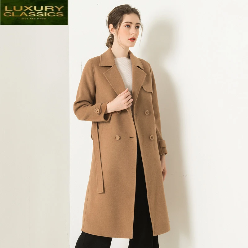 

Woman Coats 2021 Winter Elegant Ladies Long Wool Jacket with Belt Casual Fashion Double Breasted Cashmere Coat Hiver 8382