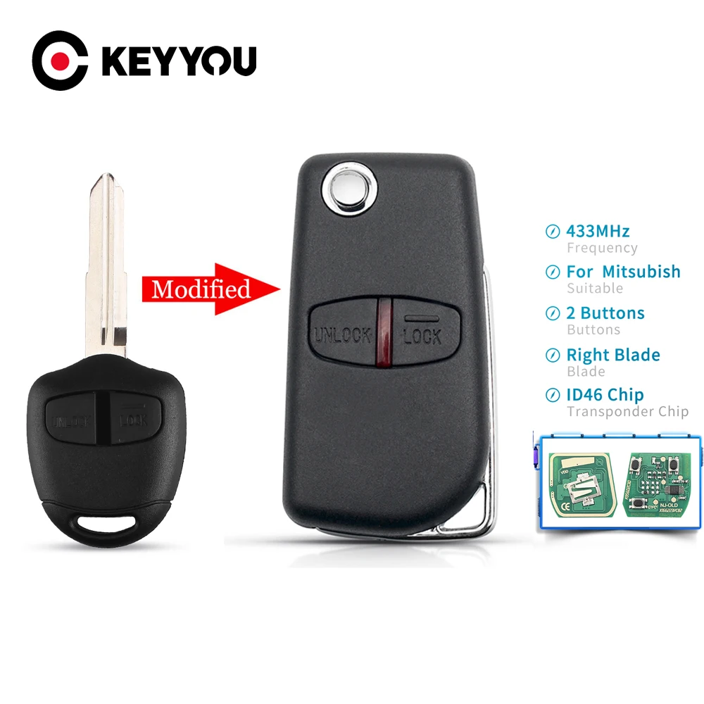 KEYYOU Remote Car Key For Mitsubishi L200 Shogun Pajero Triton 433MHz 2/3 Buttons ID46 Chip Modified Uncut MIT11/MIT8 With Board