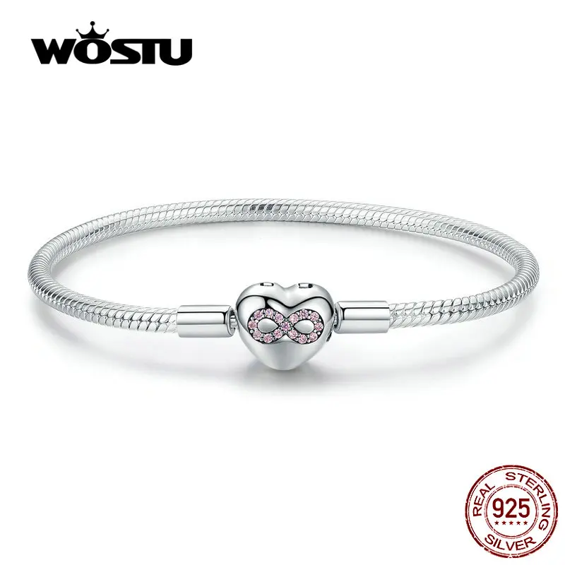 WOSTU Heart Infinity Love Bracelets 100% 925 Sterling Silver Pink Zircon Charm Bracelets Bangle For Women Fashion Jewelry CQB142