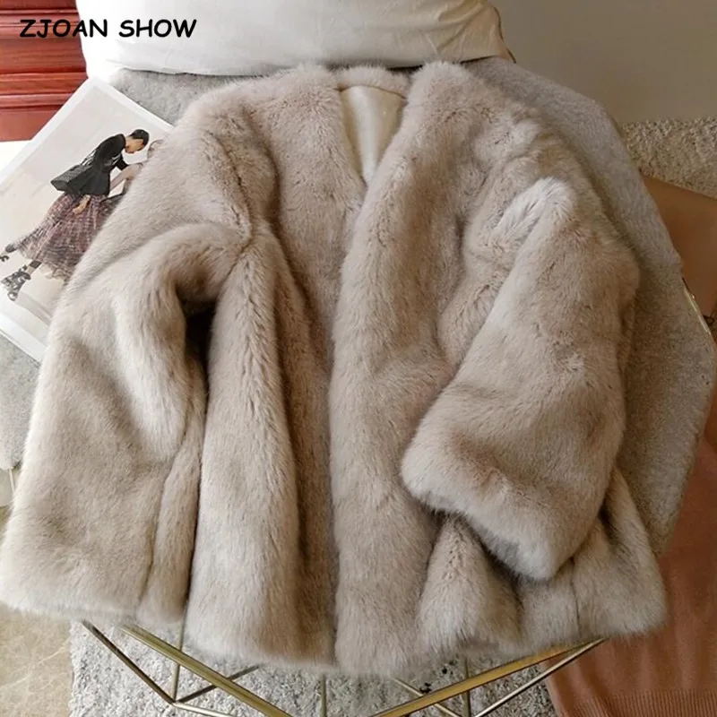 2021 Keep warm Women Winter Grey beige with Black tips Hairy Shaggy Faux Fox Fur Jackets V neck Furry Coat Loose Short Outerwear