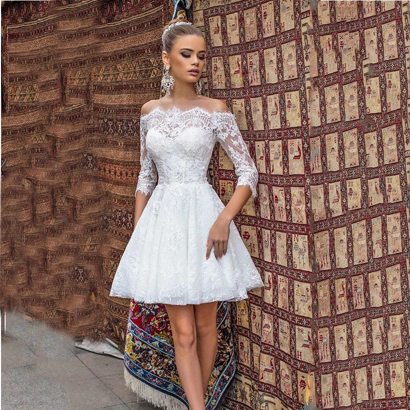 

Verngo Modest Short Wedding Dress With 2/3 Sleeves A Line Lace Wedding Gowns Off the Shoulder 2020 Bride Outdoor Bridal Dress