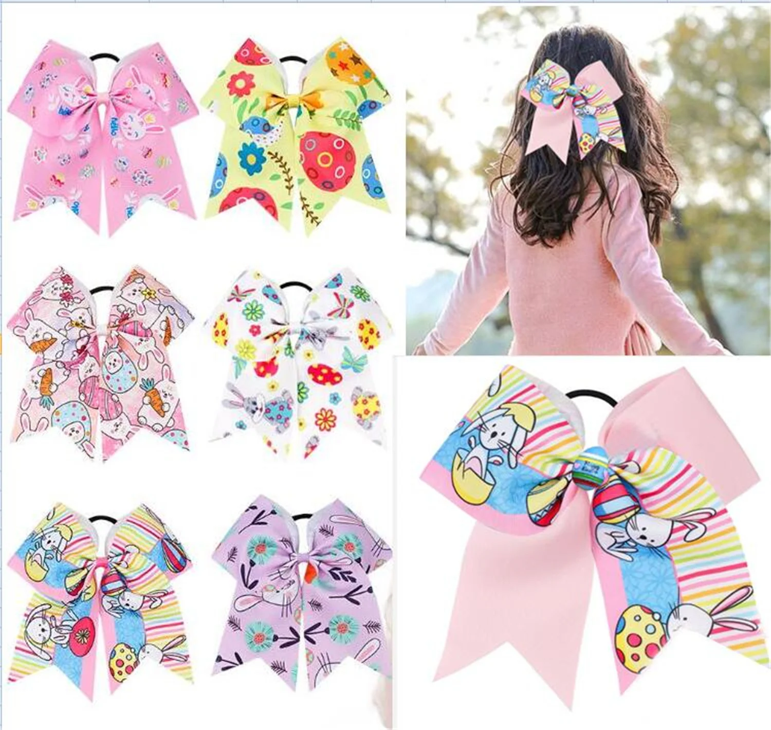 NEW 12pcs 7inch Easter Day Cheer Bow Rabbit Print Hair Bow Large Elastic Hair Band Or Crocodile Clip With Rhinestone For Girls