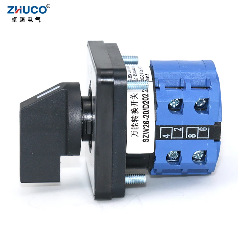 ZHUCO SZW26/LW26-20/D202.2 20A Changeover Switch Silver Contact Motor Double Power Switching Cam Switch with 8 Screws on off on
