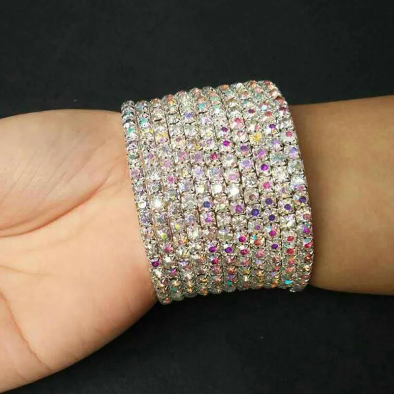 Crystal Rhinestone Bangles Silver Plated and Gold Color Bracelet Multi-row Spiral Bangle Bracelets for Women