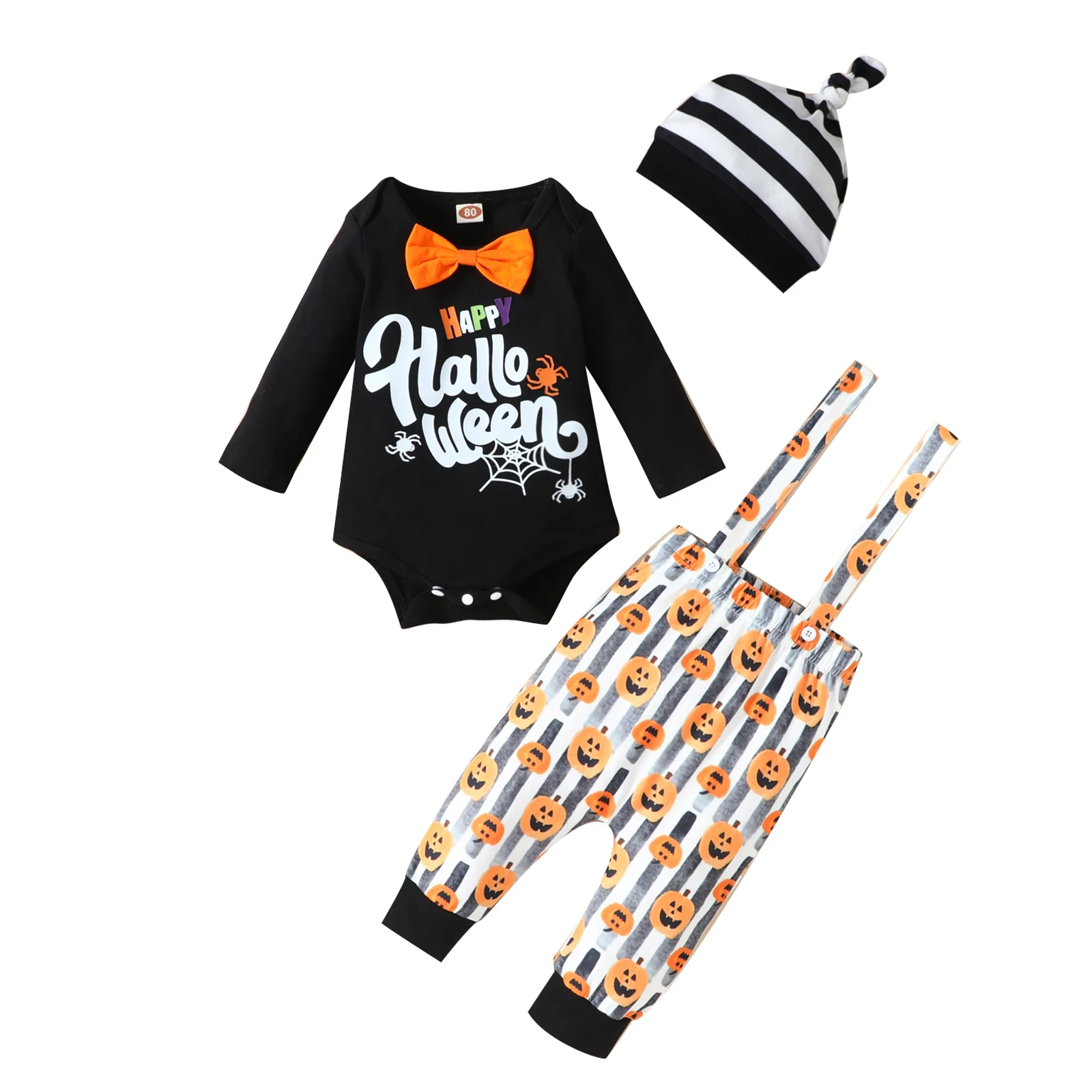 

Halloween Newborn Baby Clothes 2021 Long Sleeve Bowtie Print Romper Bib Pants Hat 3Pcs Clothing For Boys 0-18M Clothes For Baby