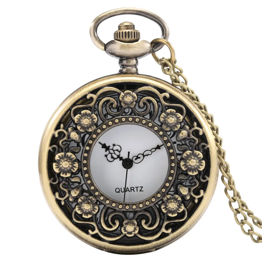 Reloj de bolsillo de cuarzo para hombre y mujer, accesorio con diseño de flores antiguas, de bronce, cazador hueco, Retro, Vintage, joyería exquisita para mujer, colgante, regalos