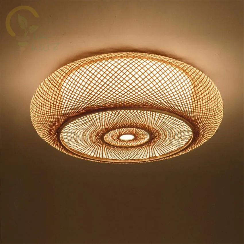 Hand-woven Bamboo  Round Lantern Shade Ceiling Light Fixture Rustic Asian Japanese Plafon Lamp Bedroom Living Room Home Lighting