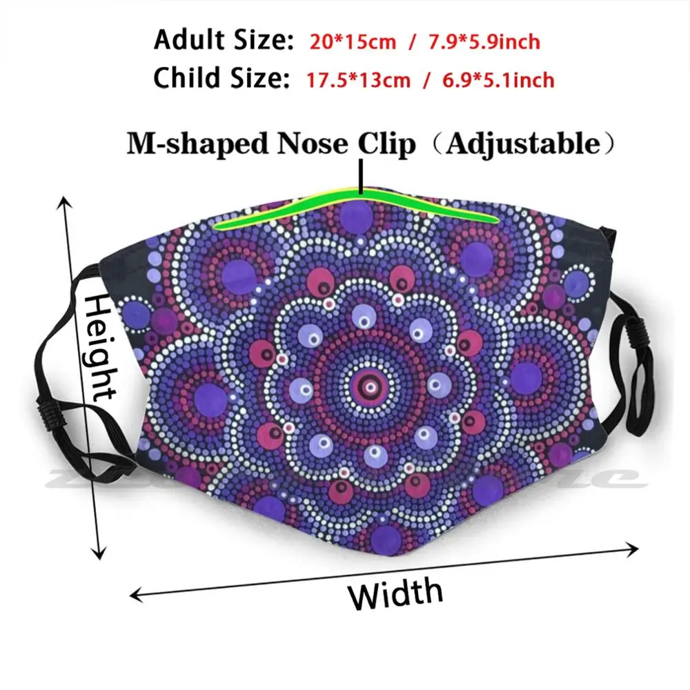 Hiacynt Mandala maska DIY filtr zmywalny Pm2.5 usta trendy kropki obsesję Mandala drewno akrylowe Smaddockdesigns fioletowy