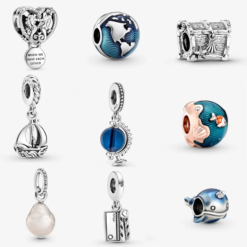 Summer 100% 925 Sterling Silver Beads Blue Globe Clip Charm,Chest of Treasure Charm,Sail Boat Dangle Charm