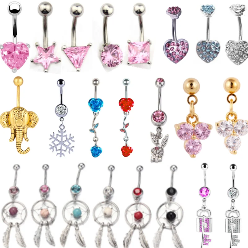 1PCS Boho Pink Zircon Belly Button Ring Dangle Heart Navel Piercing Surgical Steel Feather Belly Bar Piercing Ombligo Jewelry