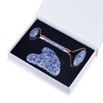 Natural blue white dot jade roller and gua sha stone set face gouache scraper massager lifting anti-wrinkle skin care