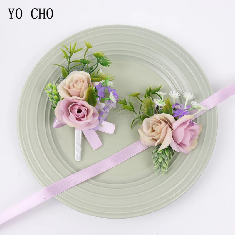 YO CHO Artificial Flowers Groom Boutonniere Man Bride Girl Wrist Corsage Sister Brother Wedding Flowers Party Rose Decoration