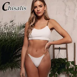 New Link Chain Sexy Bikini 2022 Swimwear Women Swimsuit Bandeau Push Up Bikini Set Solid Bathing Suit Beach Wear Swimming Suit