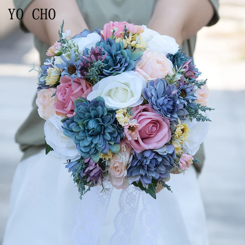 

YO CHO Wedding Flower Bridal Bouquet White Pink Purple Blue Bohemian Bridal Bouquet Romantic Artificial Flower Silk Rose Dahlia