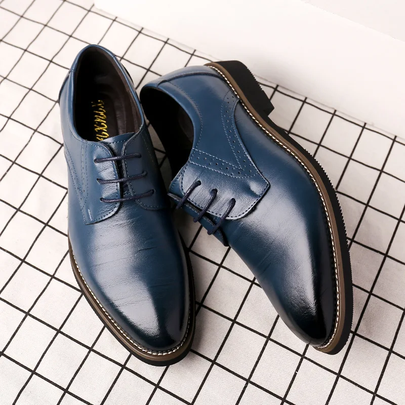 Zapatos oficiales de cuero con punta para hombre, zapatos informales Oxford, color negro, azul y marrón, 2020