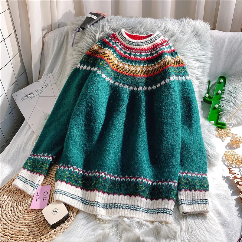 Autumn Winter Clothes Women Christmas Party Jacquard Knitted Sweaters Female Midi Casual Long Sleeve Loose Warm Pullover Tops