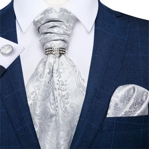Imagen 2 del producto Corbata de Ascot de Cachemira de plata de lujo para hombres, corbata Formal de boda, conjunto de corbata de cuello autobritánico, gemelos cuadrados de bolsillo, DiBanGu