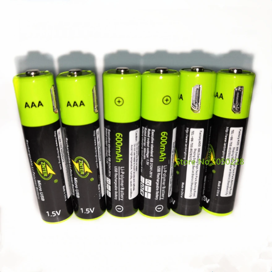6pcs/lot ZNTER 1.5V AAA rechargeable battery 600mAh USB rechargeable lithium polymer battery children\'s toy rechargeable battery