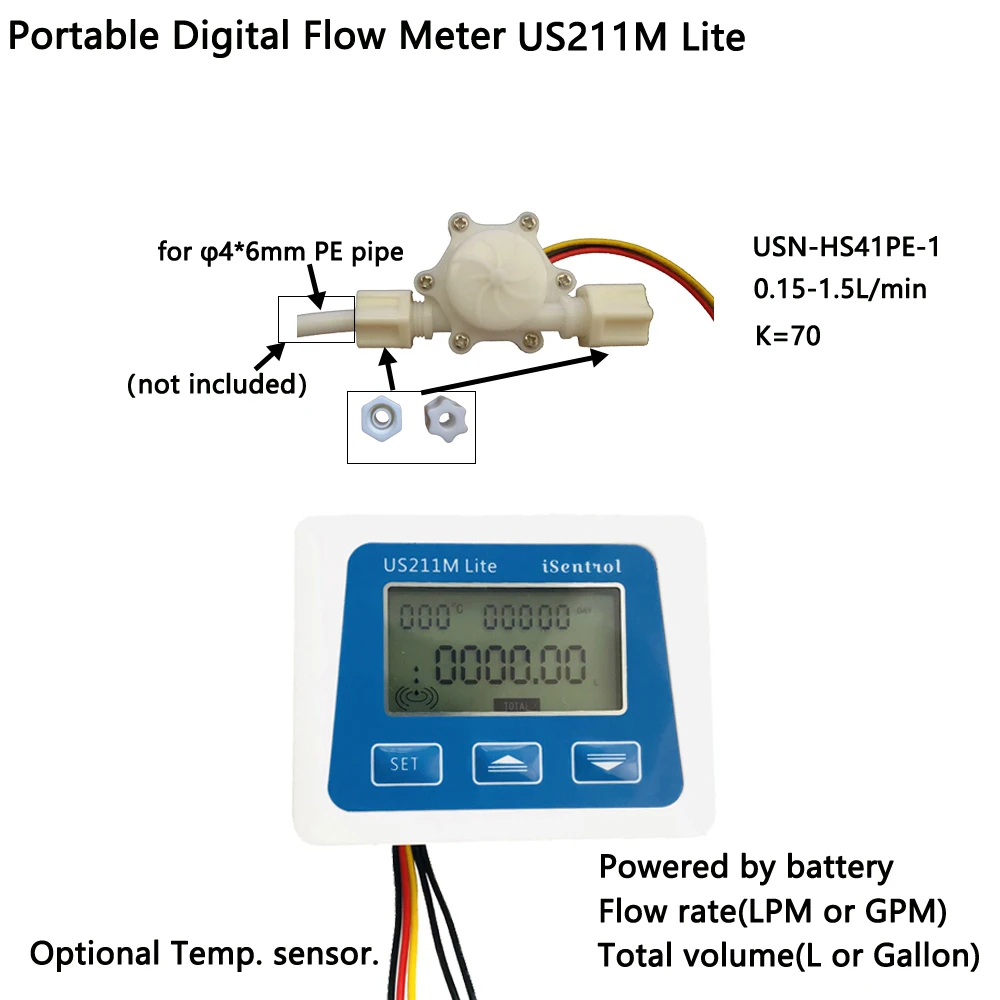 

US211M Lite Digital Flowmeter and USN-HS41PE-1 0.15-1.5LPM Hall Effect Flow Sensor Total Volume and Flow Rate Display