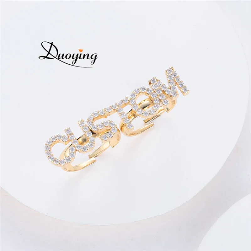 DUOYING  Custom Zircon Letters Rings Initial A - Z Alphabet Letter Adjustable Rings Full Zircon Open Ring  Lovely Gift for Women