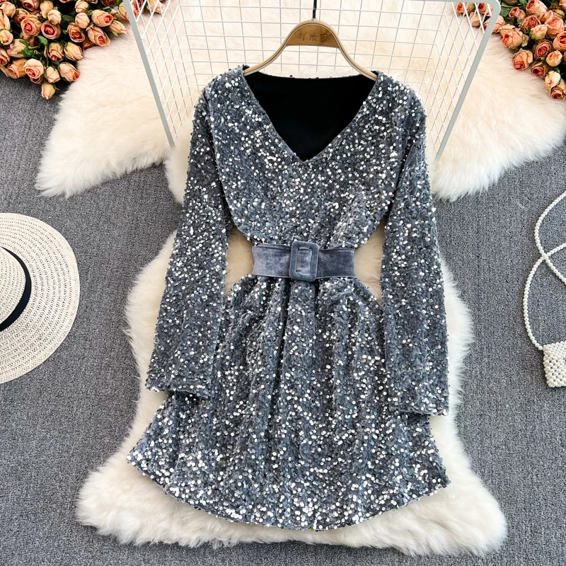 Fashion Women Sequins Dress Spring Autumn Long Sleeve V-Neck Mini Sequined Dresses Elegant Female Party Club Dress With Belt