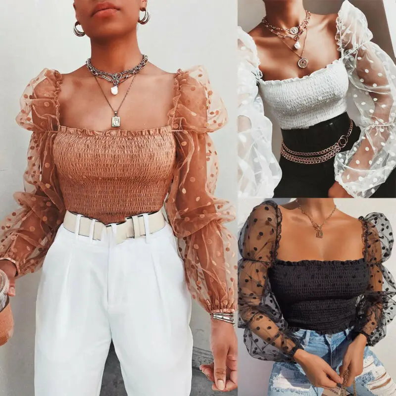  Women Wrinkled Backless Blouse Shirt Mesh Sheer Puff Sleeve Wrap Chest Tops 2020 Spring Summer Ladies Dots Blouse