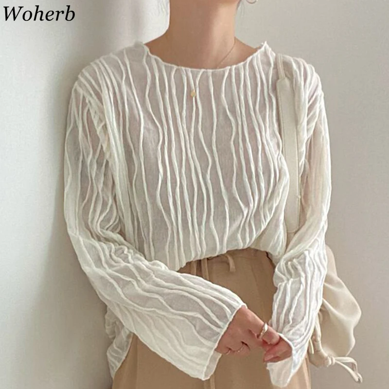 Woherb Frauen Tops Herbst Oansatz Falten Design Durchscheinende Bluse Koreanische Chic Fashion Casual Alle Spiel Lange Ärmeln Hemd