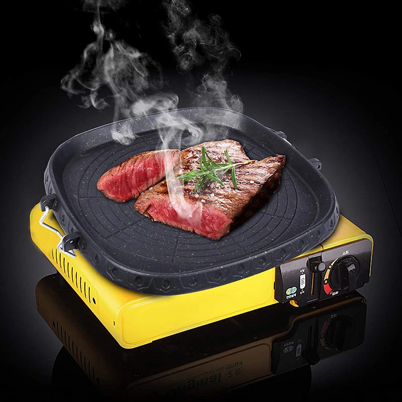 GOALONE Korean BBQ Grill Pan with Maifan Stone Coated Surface Non-Stick Camping Frying Pan Portable BBQ Grill Plate for Outdoor