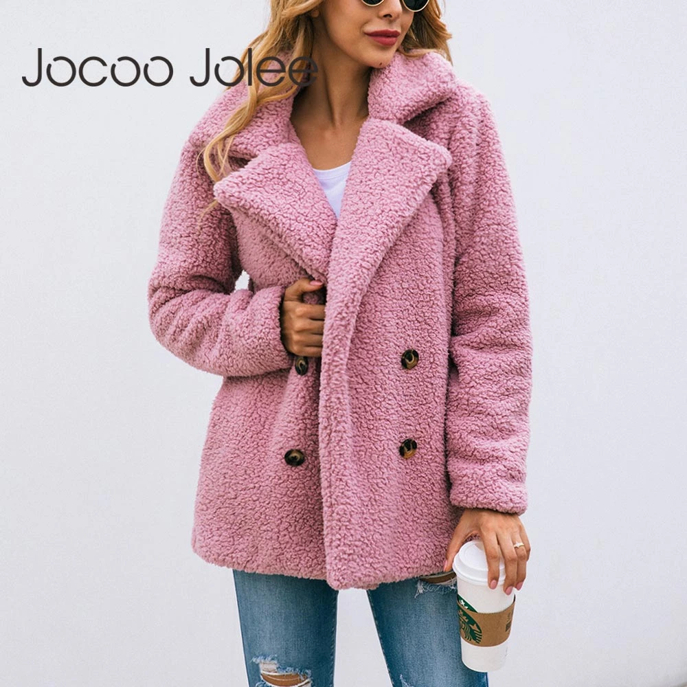 Jocoo Jolee Women Elegant Faux Fur Jackets Female  Fashion Double-breasted Teddy Coats Warm Soft Overcoats Oversized Outwear