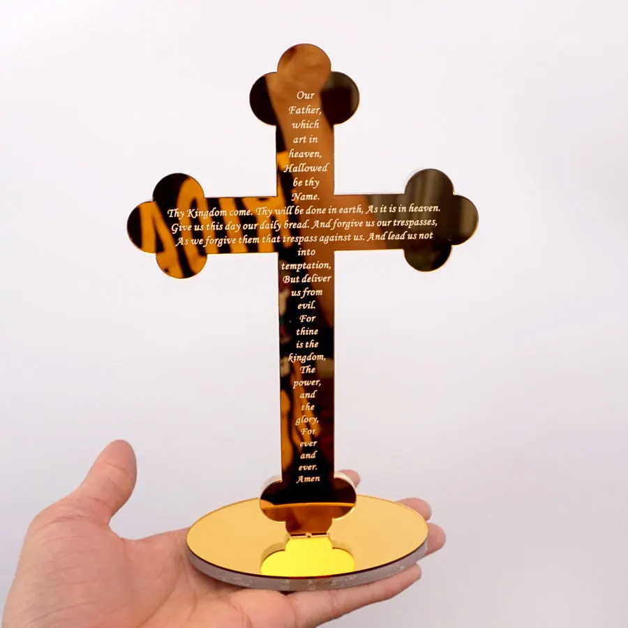 

Christian Jesus Scripture Prayer Acrylic Mirror Cross Standing The Lord's Prayer For Christening & Baptism Table Decoration