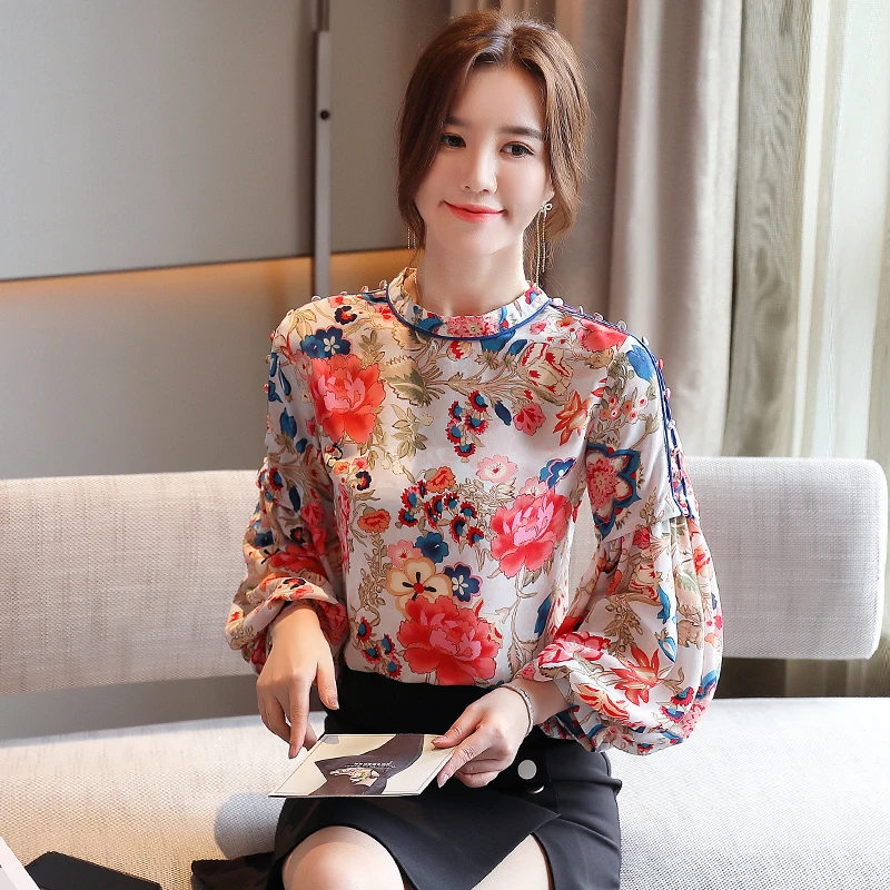 

Fashion Chinese style Women Blouses vintage floral shirts 2021 Spring fall Blouse Long lantern sleeve Tops Blusas Mujer V2312