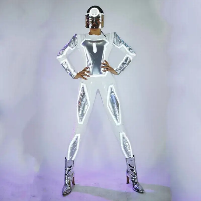 Led Dance Stage Space Costume Women Light Up Wear Carnival Show Clothes Mask Ball Mirror Men Gogo Dancer Robot Led Suit