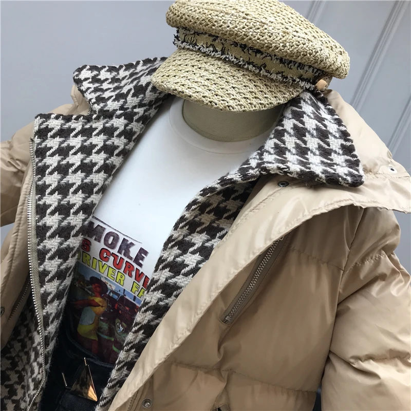 2022 Winter Jacket Women Coat Plaid Splicing Fake Two Pieces Down Cotton Padded Jacket Female Parka Coat Loose Outwear MY278