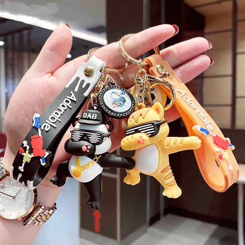 

Cartoon Cool Hip-Hop Cat Panda Soft Doll Keychain Men and Women Couple Bag Pendant Gift Car Key Chains Accessories Key Ring
