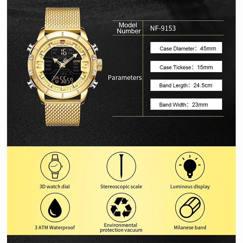 NAVIFORCE Mens Sports Watches Top Luxury Brand Men Wristwatch Quartz Digital Chronograph Clock Gold Military Wrist watch For Men